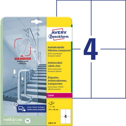 Folienetiketten 105x148 mm transparent AVERY ZWECKFORM L8013-10 antimikrobiell