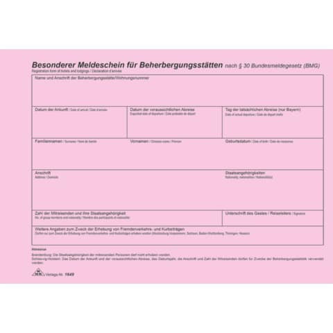 Meldeschein für Beherbergungsstätten - Block, alle Bundesländer, DIN A5