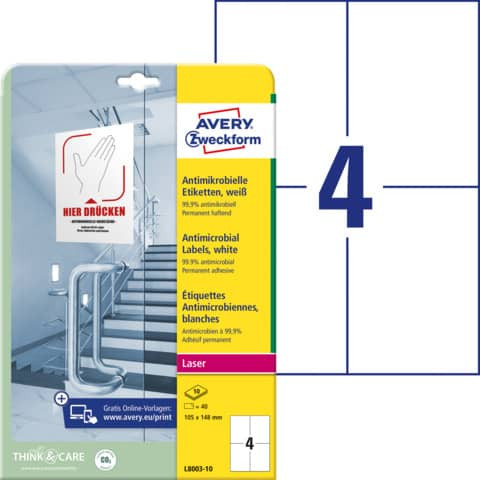 Folienetiketten 105x148 mm weiß AVERY ZWECKFORM L8003-10 antimikrobiell