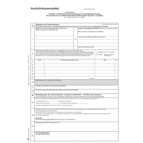 Ausfuhrkassenzettel / Abnehmerbescheinigung Umsatzsteuer - SD, 1x3 Blatt, DIN A4