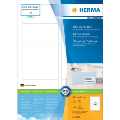 4666 Adressetiketten Premium A4, weiß 88,9x46,6 mm Papier matt 1200 St.