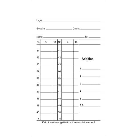 Kassenabrechnung - Block, 50 Blatt, Maße (BxH): 85 x 150 mm