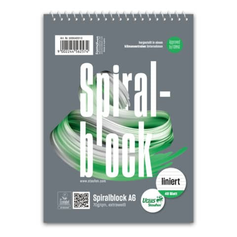 Spiralblock - A6, 40 Blatt, 70 g/qm, liniert