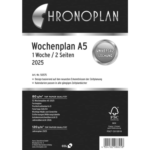 Wochenplan 2025, A5, weiß CHRONOPLAN 50575