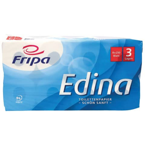 Toilettenpapier Edina - 3-lagig, geprägt, hochweiß, 8 Rollen à 250 Blatt