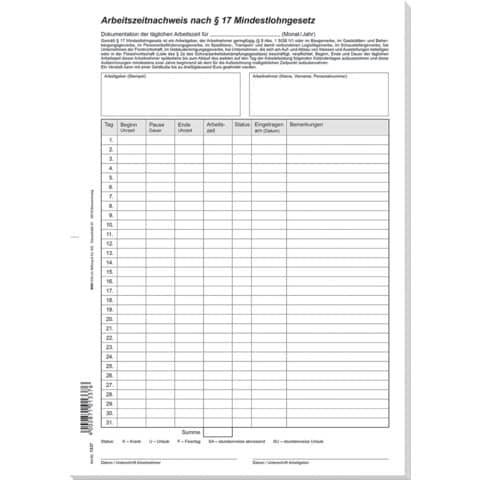 Arbeitszeitnachweis nach § 17 Mindestlohngesetz, Block, 24 Blatt, DIN A4