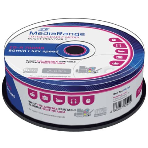 CD-R Rohlinge - 700MB/80Min, 52-fach/Spindel, bedruckbar, Packung mit 25 Stück