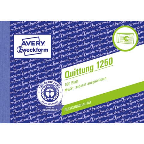 1250 Quittung MwSt. separat ausgewiesen - A6 quer, MP, fälschungssicher, 100 Blatt, weiß