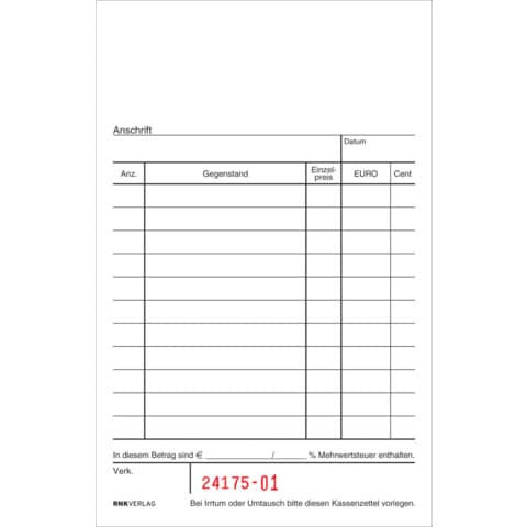 Kassenblock - oben geheftet, 2 x 50 Blatt, (BxH): 96 x 167 mm, mit Nummerierung