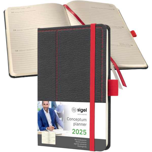 Buchkalender Conceptum Casual 2025, A6, 1W/2S, Hardcover, grey-red SIGEL C2556