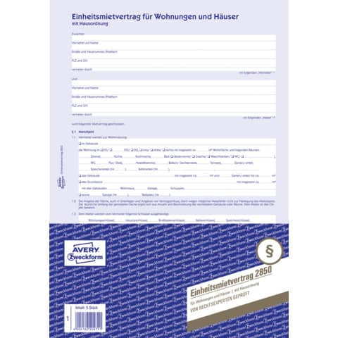 2850 Einheitsmietvertrag - Wohnungen und Häuser, DIN A4, mit Hausordnung, 1 Satz/5 Stück, blau