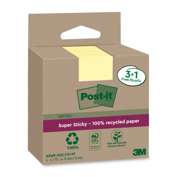 Haftnotizblock Super Sticky Recycling Notes, 76x76mm, 4x70 Blatt, gelb