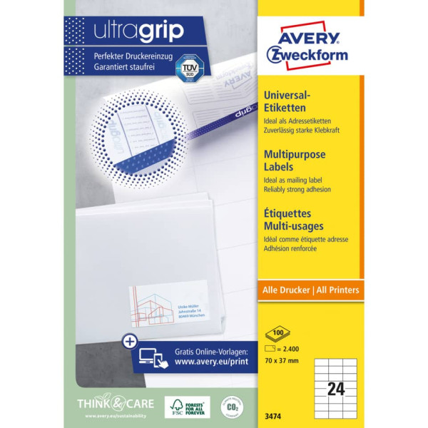 3474 Universal-Etiketten ultragrip - 70 x 37 mm, weiß, 2.400 Etiketten, permanent