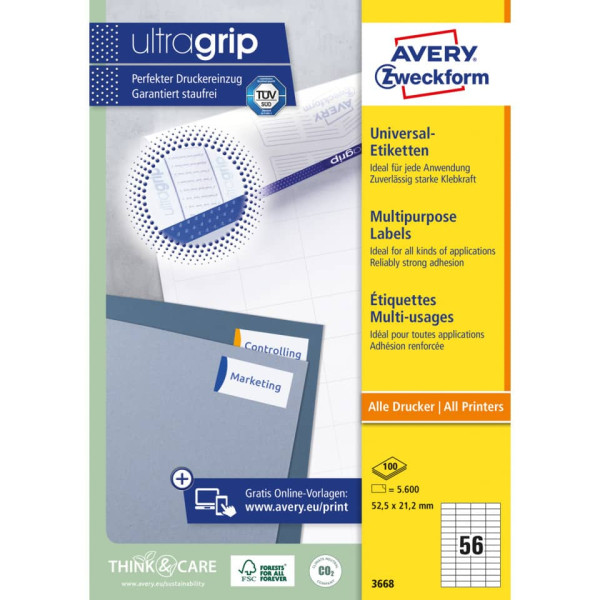 3668 Universal-Etiketten ultragrip - 52,5 x 21,2 mm, weiß, 5.600 Etiketten, permanent