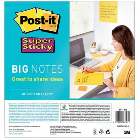 Haftnotiz Big Notes - 27,9 x 27,9 cm, neongelb, blanko, 30 Blatt