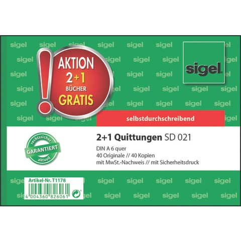 Kassen-Quittung A6/2x40 Blatt 3 Stück SIGEL T1178 2+1 (gratis) Aktion