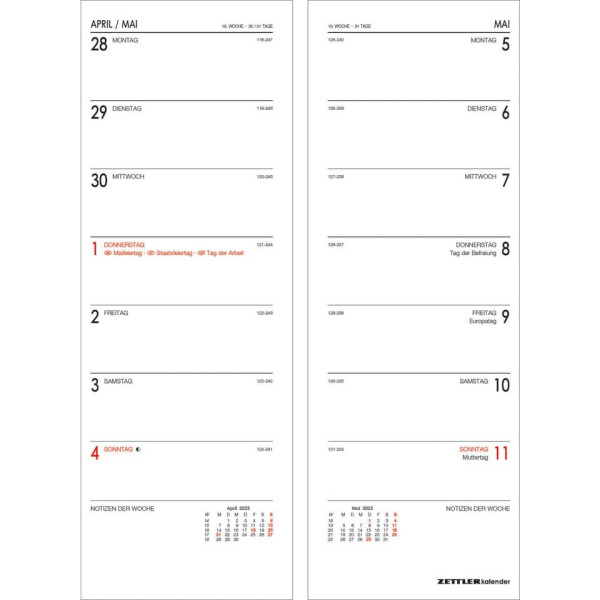 Vormerkkalender 718, 10,5x29,5cm, 1W/1S, farblich sortiert ZETTLER 602579