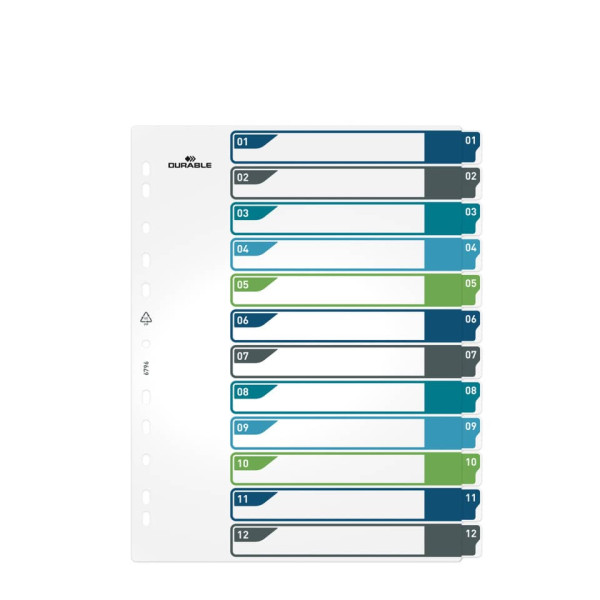Ordnerregister 1-12 PP/A4+ weiß/farbig DURABLE 6796 27 Überbreit EDV