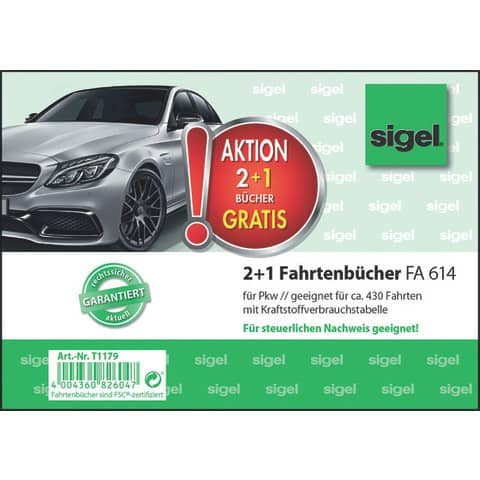 Fahrtenbuch A6 40BL für PKW 3ST SIGEL T1179 2+1 (gratis) Aktion