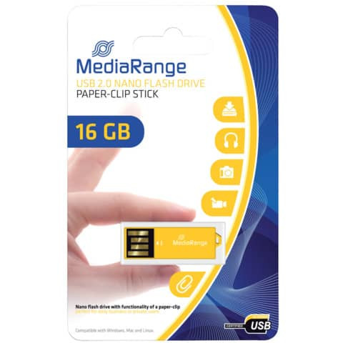 USB Stick 2,0 ClipOn gelb MEDIA RANGE MR976 16GB