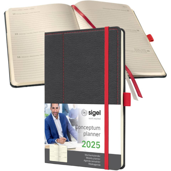 Buchkalender Look 2025, A5, 1W/2S, Hardcover, grey-red SIGEL C2555