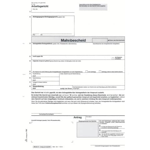 Antrag Mahn- und Vollstreckungsbescheid Arbeitsgericht - SD, 1x5 Blatt, DIN A4