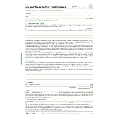 Landwirtschaftlicher Pachtvertrag, 4 Seiten, gefalzt auf DIN A4