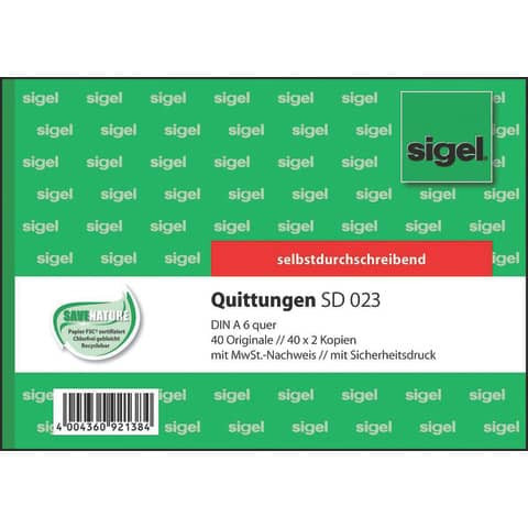 Quittungen mit Sicherheitsdruck - A6 quer, 1. und 2. Blatt bedruckt, SD, MP, 3 x 40 Blatt