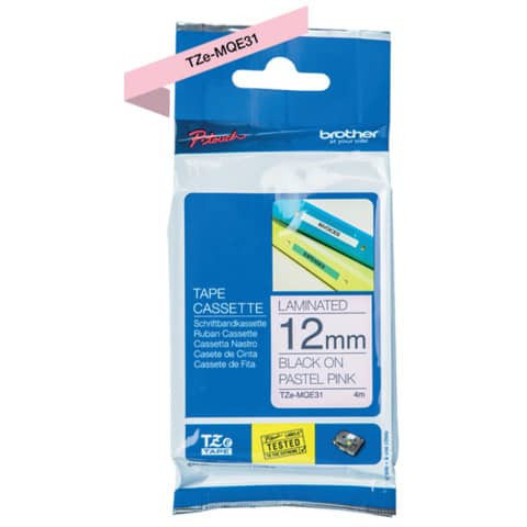 Schriftband pastell rosa/schwarz BROTHER TZEMQE31 12mm x 4m