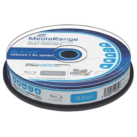 BD-R Blu Ray Disc 10ST 25GB MEDIARANGE MR496 bedruckbar