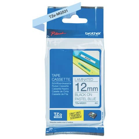 Schriftband pastell blau/schwarz BROTHER TZEMQ531 12mm x 4m