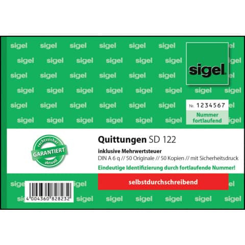 Quittung inkl. MwSt. mit Sicherheitsdruck - A6 quer, SD, 2 x 50 Blatt