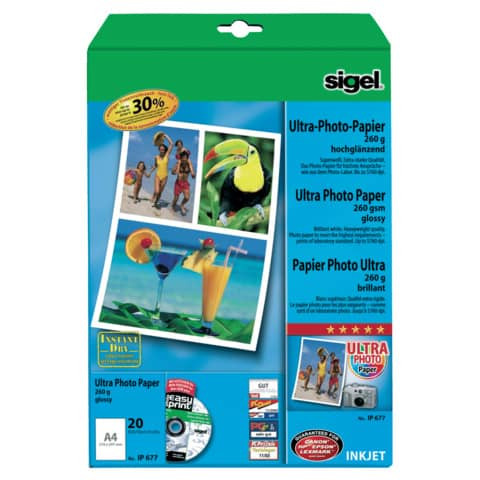 Inkjet Fotopapier Ultra A4 SIGEL IP677 glossy 20BL 260g